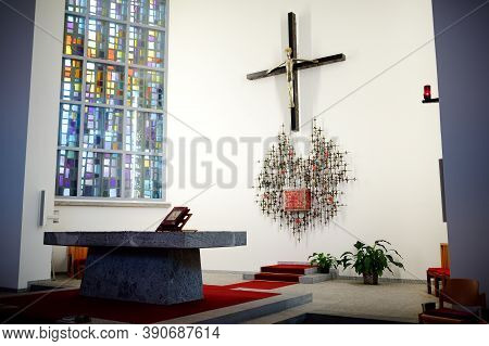 Saas Fee, Switzerland - February 4, 2020: Interior View Of Parish Church In Small European Town. Her