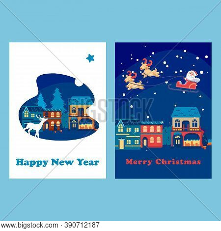 Santa Claus Happy New Year Card Set On Blue Backdrop. Christmas Postcard For Invitation Or Gift Card