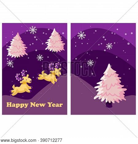 New Year Deer Card On White Isolated Backdrop. Christmas Tree Postcard For Invitation Or Gift Card, 