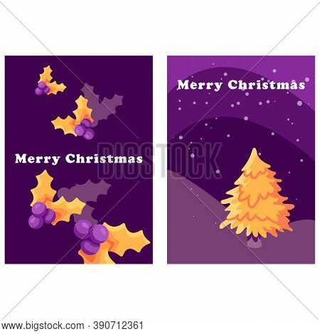 New Year Holly Sprig Card On White Isolated Backdrop. Christmas Tree Postcard For Invitation Or Gift