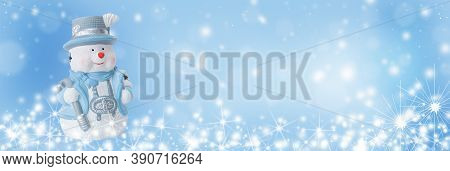 Christmas Panoramic Background, Happy Snowman In Winter Secenery With Copy Space