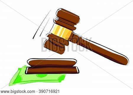 Illustration For Bribery Simple Flat Color, Gavel And Money, At White Background.