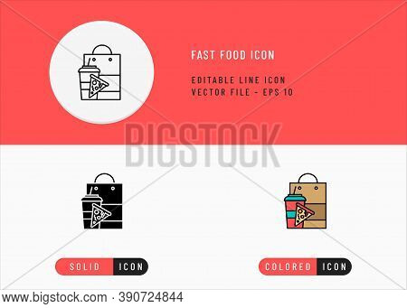 Fast Food Icons Set Editable Stroke Vector Illustration. Pizza Bag Package Symbol. Icon Line Style O