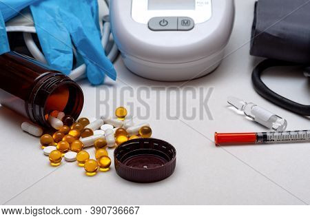 Different Medical Objects On White Background. Health Care