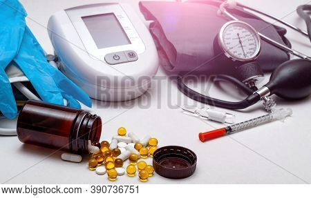 Different Medical Objects On White Background. Health Care.