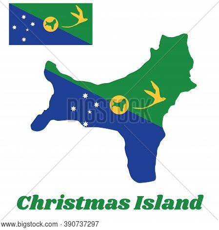 Map Outline And Flag Of Christmas Island, Blue And Green Diagonal Color With White Star, A Golden Bo
