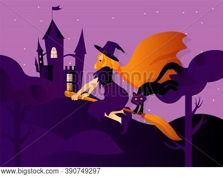 Halloween Holiday Greeting Card With Witch And Cat. Witch Flies On The Broomstick.  Vector Illustrat