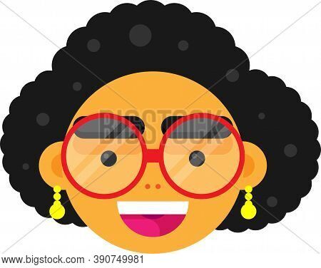 Flat Smiling Woman Face Vector, Illustration, With Gold Earrings.
