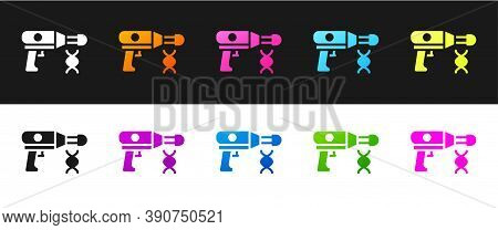 Set Transfer Liquid Gun In Biological Laborator Icon Isolated On Black And White Background. Vector