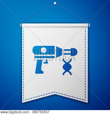 Blue Transfer Liquid Gun In Biological Laborator Icon Isolated On Blue Background. White Pennant Tem