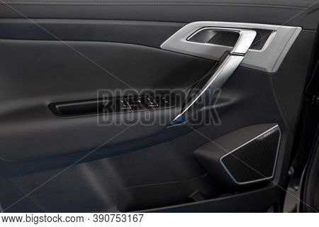 Russia, Izhevsk - August 14, 2020: Geely Showroom. Details Driver Door New Modern Atlas Car. Car Man