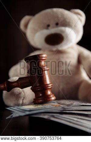 Payments Alimony. Wooden Judge Gavel, Money Banknotes And Teddy Bear Close-up. Divorce And Alimony C