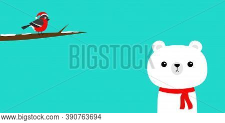 White Polar Bear In Red Scarf. Bulfinch Bird On Snow Tree Brunch. Merry Christmas. Hello Winter. Cut