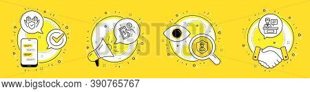 Payment Method, Security Agency And Insurance Hand Line Icons Set. Cell Phone, Megaphone And Deal Ve
