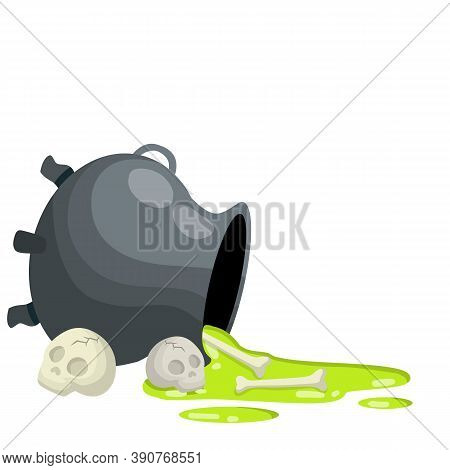 Overturned Cauldron Of Magic Potion. Elixir Of Witches. Halloween Decoration Element. Spilled Liquid