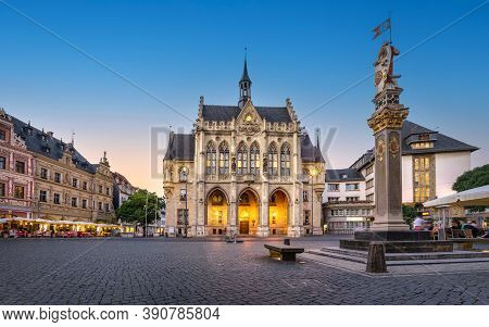 Panorama Of Fischmarkt Square With Historic Town Hall In Erfurt, Germany