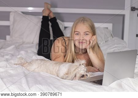 Beautiful Blonde With A Puppy Shih-tzu And Laptop On Bed With White Sheets. Pretty People And Pets O