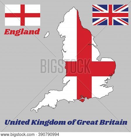Map Outline And Flag Of England, It Is A Red Centred Cross On A White Background And Union Jack Flag