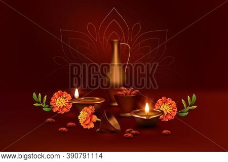 Diwali Festival Banner. Realistic 3d Composition Of Diwali Oil Lamp And Marigold Flowers, Traditiona