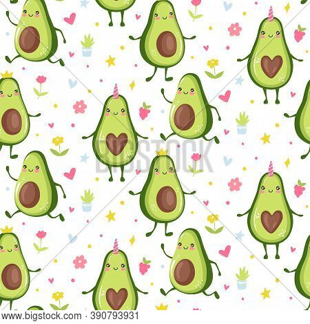 Cute Avocado Seamless Patetrn. Cartoon Funny Background Or Print. Kawaii Design. Vector Fruit Illust