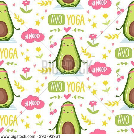 Cute Avocado Seamless Patetrn. Cartoon Funny Background Or Print. Kawaii Design. Vector Fruit Illust