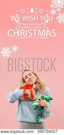 Beautiful Delighted Girl With Gifts Greeting With New Year 2021 And Christmas. Caucasian Woman With 