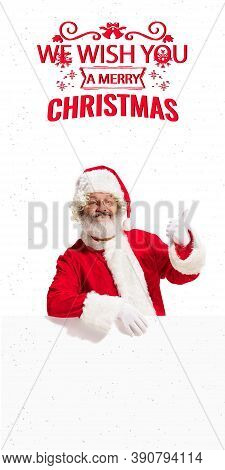 Emotional Santa Claus Greeting With New Year 2021 And Christmas. Caucasian Man In Traditional Costum