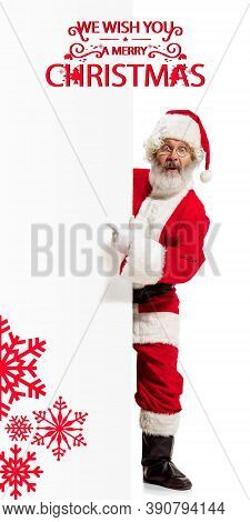 Emotional Santa Claus Greeting With New Year 2021 And Christmas. Caucasian Man In Traditional Costum