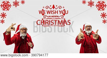 Emotional Santa Claus Greeting With New Year 2021 And Christmas. Caucasian Man In Traditional Costum