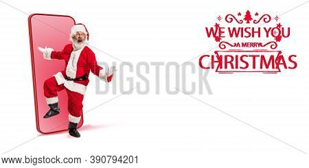 Emotional Santa Claus Greeting With New Year 2021 And Christmas. Caucasian Man In Traditional Costum