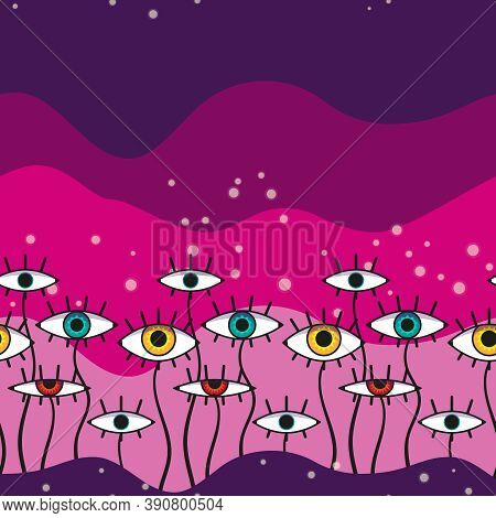 Abstract Eye-plant Seamless Pattern. Pink And Violet Background Pattern.
