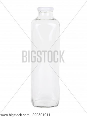 Empty Glass Bottle Isolated On A White Background. Clear Bottle. Front View