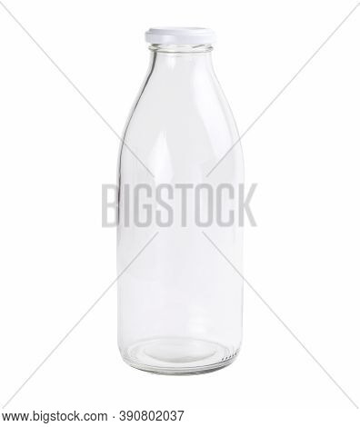 Empty Glass Bottle Isolated On A White Background. Clear Bottle. Front View
