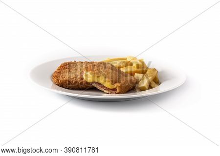 San Jacobo Steak Filled With Cheese And Ham Isolated On White Background
