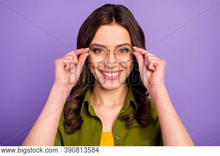 Close Up Photo Of Nice Lady Girl High School Student Touch Specs See Season Sales Discount Wear Casu