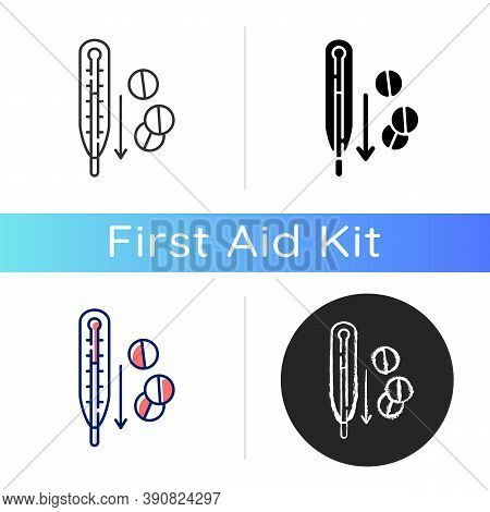 Fever Reducer Pills Icon. Drugs For Flu Treatment. Remedy For Temperature. Termometer With Dropping 