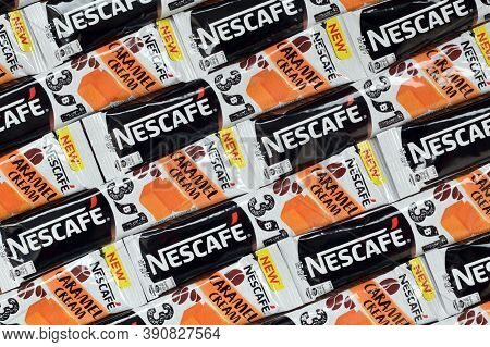 Many Nescafe Caramel Cream Coffee Sticks. Nescafe Is A Brand Of Coffee Made By Nestle, Swiss Multina