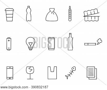 Different Kinds Of Waste Icons Set. Thin Line Style. Set Includes Such Icons As Plastic And Glass Bo