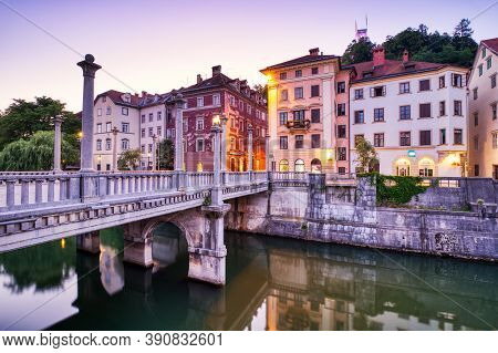 Cobblers Bridge At Dusk In Ljubljana, Slovenia