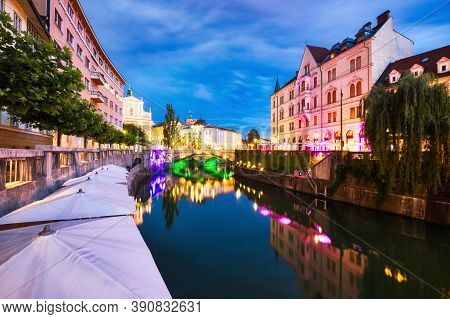 Ljubljana City Center At Dusk In Slovenia