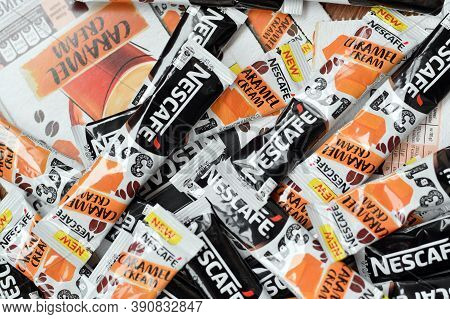 Many Nescafe Caramel Cream Coffee Sticks. Nescafe Is A Brand Of Coffee Made By Nestle, Swiss Multina