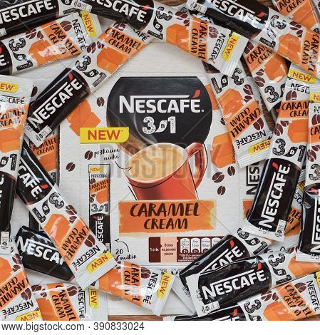 Many Nescafe Caramel Cream Coffee Sticks. Nescafe Is A Brand Of Coffee Made By Nestle, Swiss Multina
