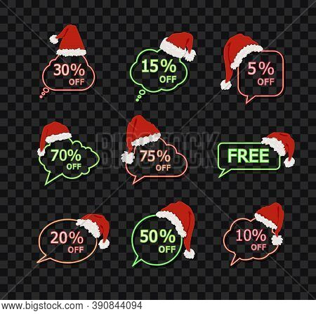 Vector Neon Sale Signs Set Isolated On Dark Transparent Background, Neon Lights, Red And Green Color