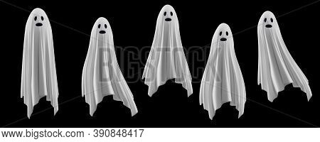 Ghost On A Black Background. An Evil Spirit With A Covered Sheet. Scary Face Vector Eps 10