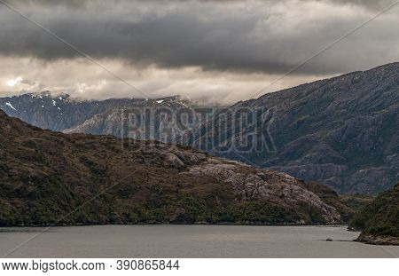 Sarmiento Channel, Chile - December 11, 2008: Amalia Glacier And Fjord. Cloudscape Over Side Arm Ent