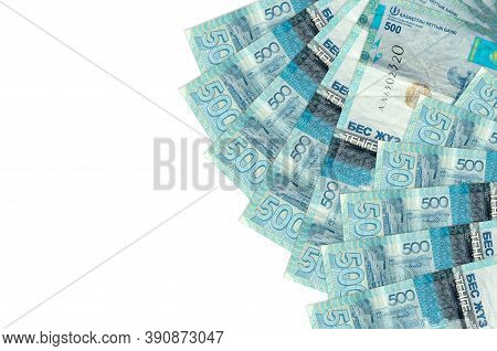 500 Kazakhstani Tenge Bills Lies Isolated On White Background With Copy Space. Rich Life Conceptual 