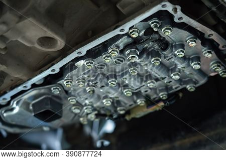 Cvt Gearbox Close Up, Changing Oil In Modern Automatic Transmission On Suv In Car Service.