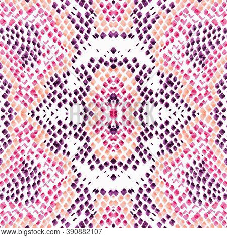 Seamless Snake Skin Pattern. Serpent Leather Wild Surface. Exotic Fashion Background. Pink, Purple A
