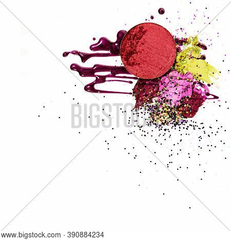 Still Life Of Makeup Products Isolated On A White Background. Abstract Composition Of Smudged And Sc