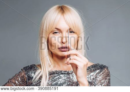 Perfect Blonde Girl Cut Forelock. Close Up Hairstyle With Bangs. Hair Care Concept. Blonde Woman Wit